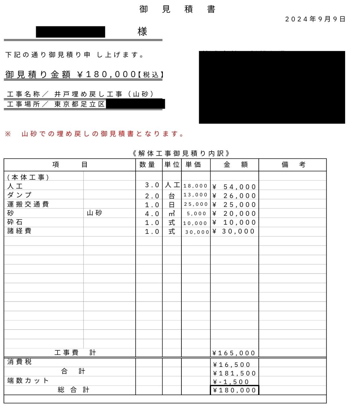 井戸の解体費用の内訳|東京都足立区の見積事例