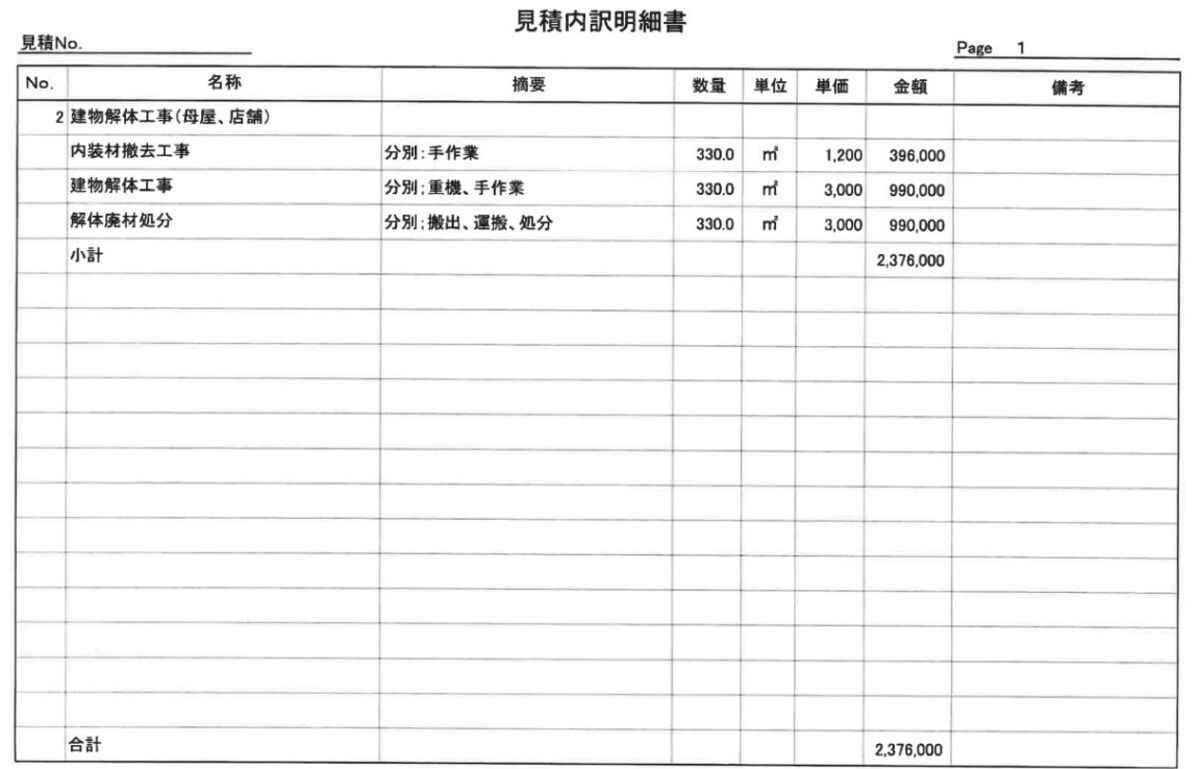 B社の見積項目