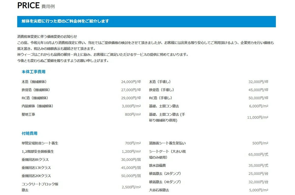 株式会社ウィーゴのホームページ 料金体系